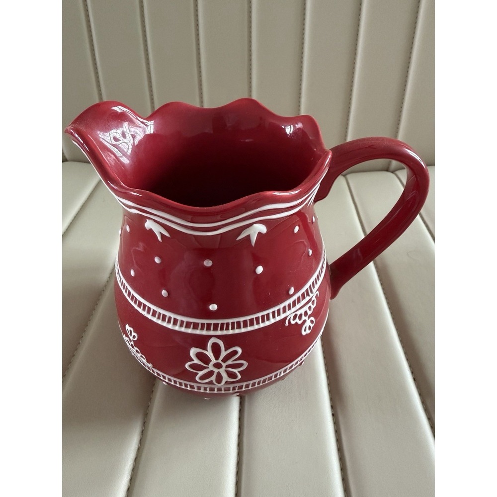 Harry and David Ceramic Pitcher Red with White Raised Flowers Dots 48 oz